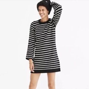 Madewell Merino Wool Button Sleeve Sweater Dress Black White Striped Size XS